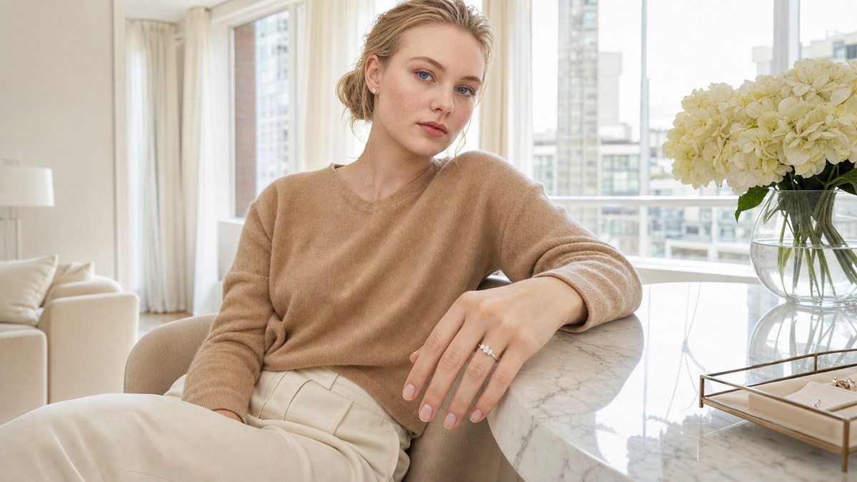 3-Stone Trilogy Rings at Sunshine Diamonds - full model lifestyle image showing a 3-stone trilogy ring with centre and side diamonds