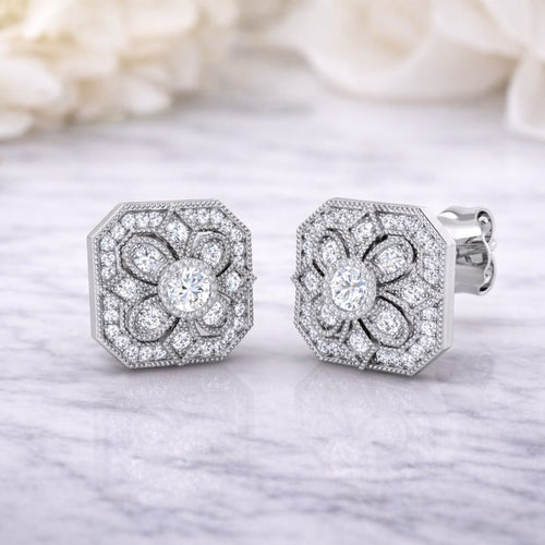 0.25 Ct Vintage Floral Diamond Halo Stud Earrings in UK Hallmarked in 10K/14K gold and platinum with certified lab-grown or natural diamonds