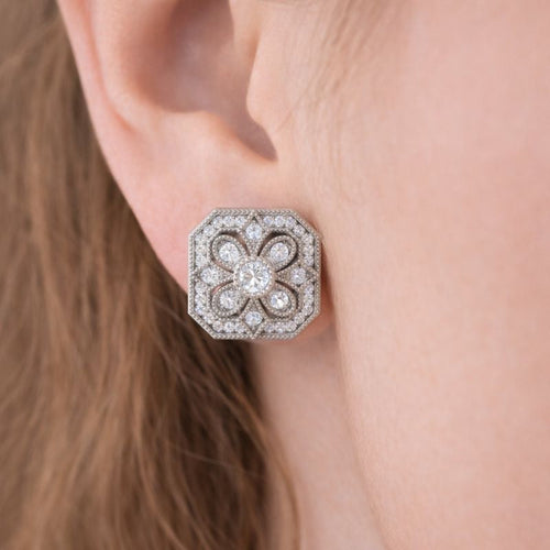 0.25 Ct Vintage Floral Diamond Halo Stud Earrings in UK Hallmarked in 10K/14K gold and platinum with certified lab-grown or natural diamonds