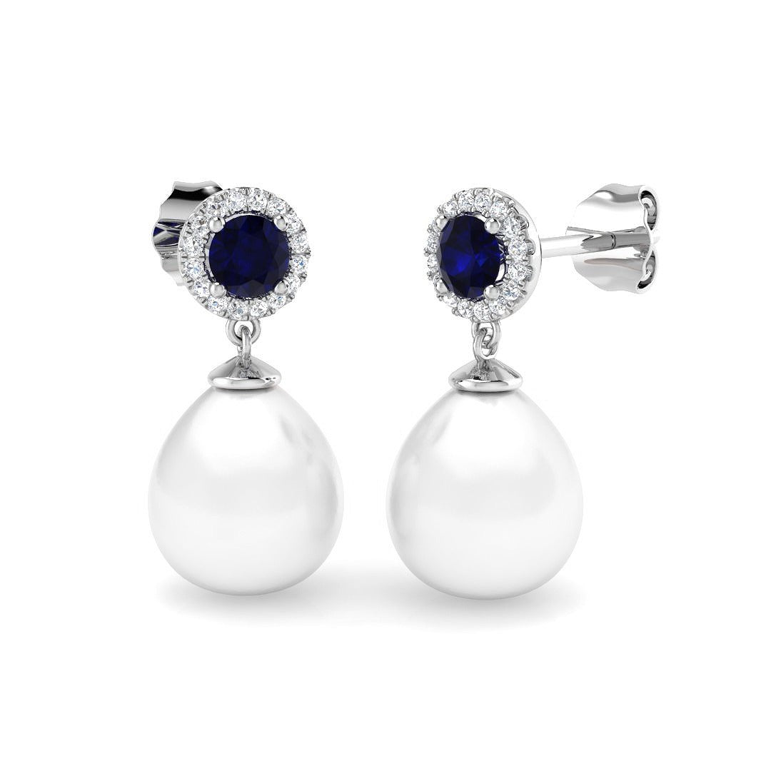 Blue Sapphire Halo Pearl Diamond Earrings - Push Back - Elegant Jewellery in 10K/14K gold and platinum with certified lab-grown or natural diamonds