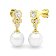 Round Pearl Diamond Drop Earrings with Bezel Set Diamonds & Push Back in 10K/14K gold and platinum with certified lab-grown or natural diamonds