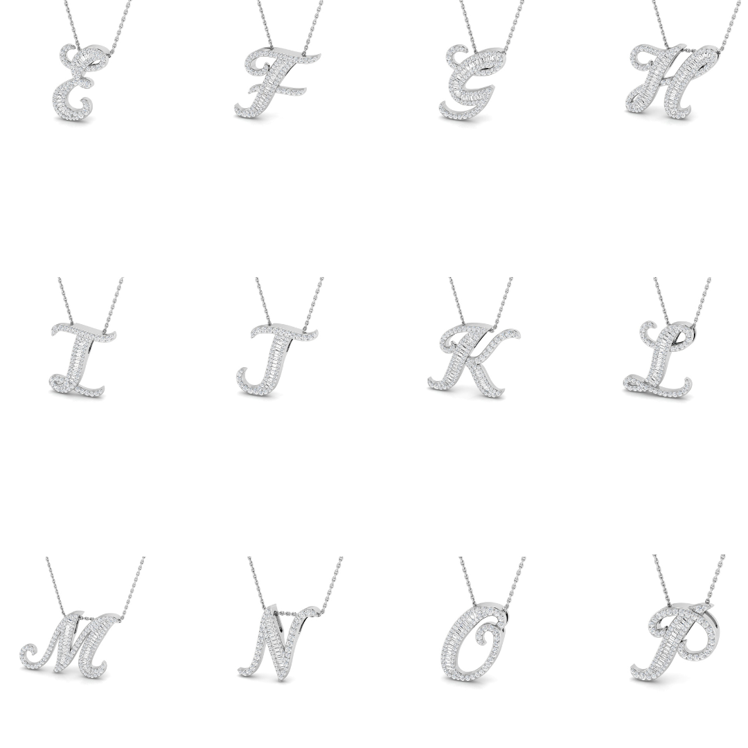 Paved Initial Diamond Pendant Necklace with Baguette & Round Diamonds in 10K/14K gold and platinum with certified lab-grown or natural diamonds