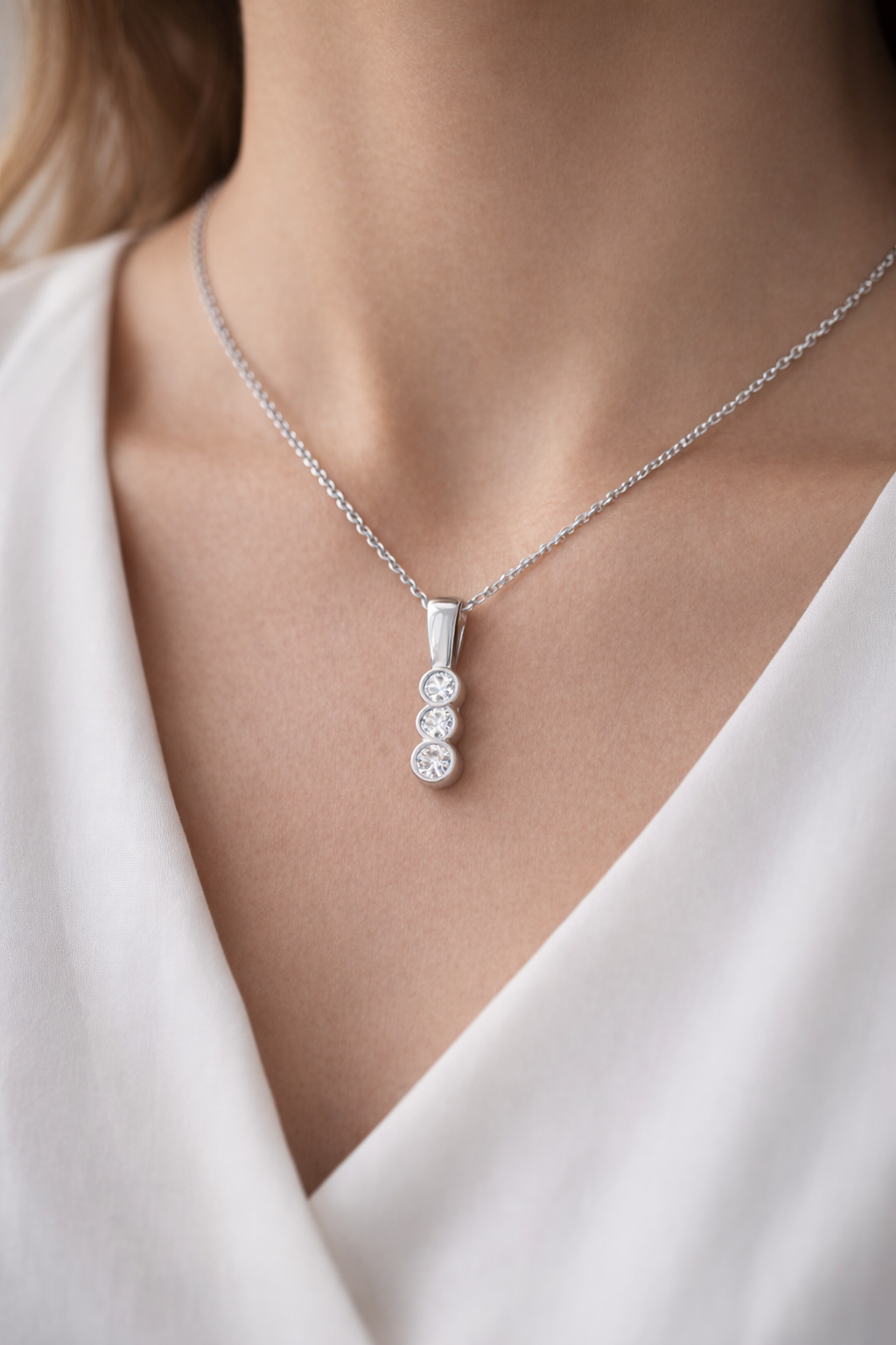 Three Stone Graduated Diamond Journey Pendant Necklace - Bezel Setting in 10K/14K gold and platinum with certified lab-grown or natural diamonds