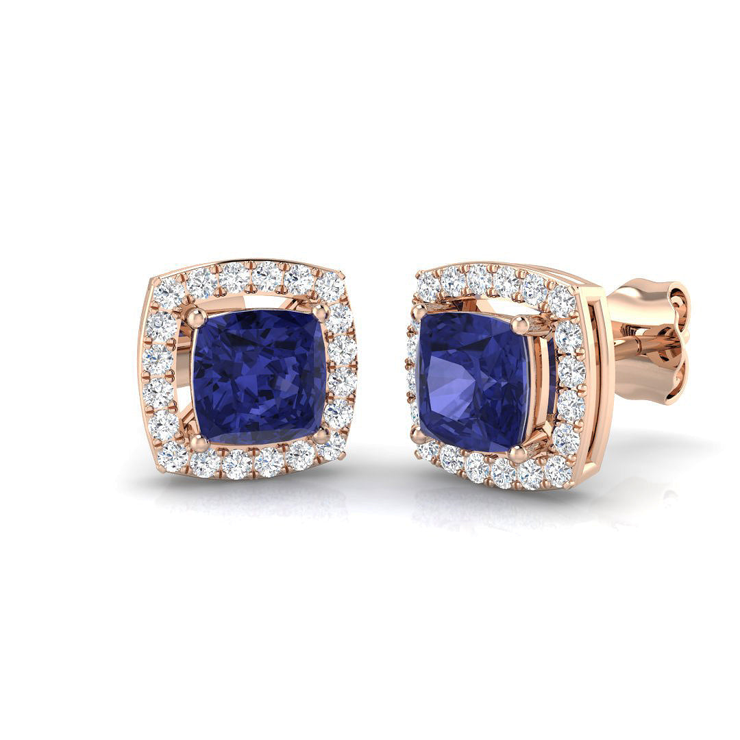 Cushion Tanzanite Halo Stud Earrings - Elegant Luxury Jewelry in 10K/14K gold and platinum with certified lab-grown or natural diamonds