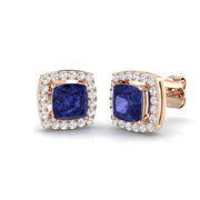 Cushion Tanzanite Halo Stud Earrings - Elegant Luxury Jewelry in 10K/14K gold and platinum with certified lab-grown or natural diamonds