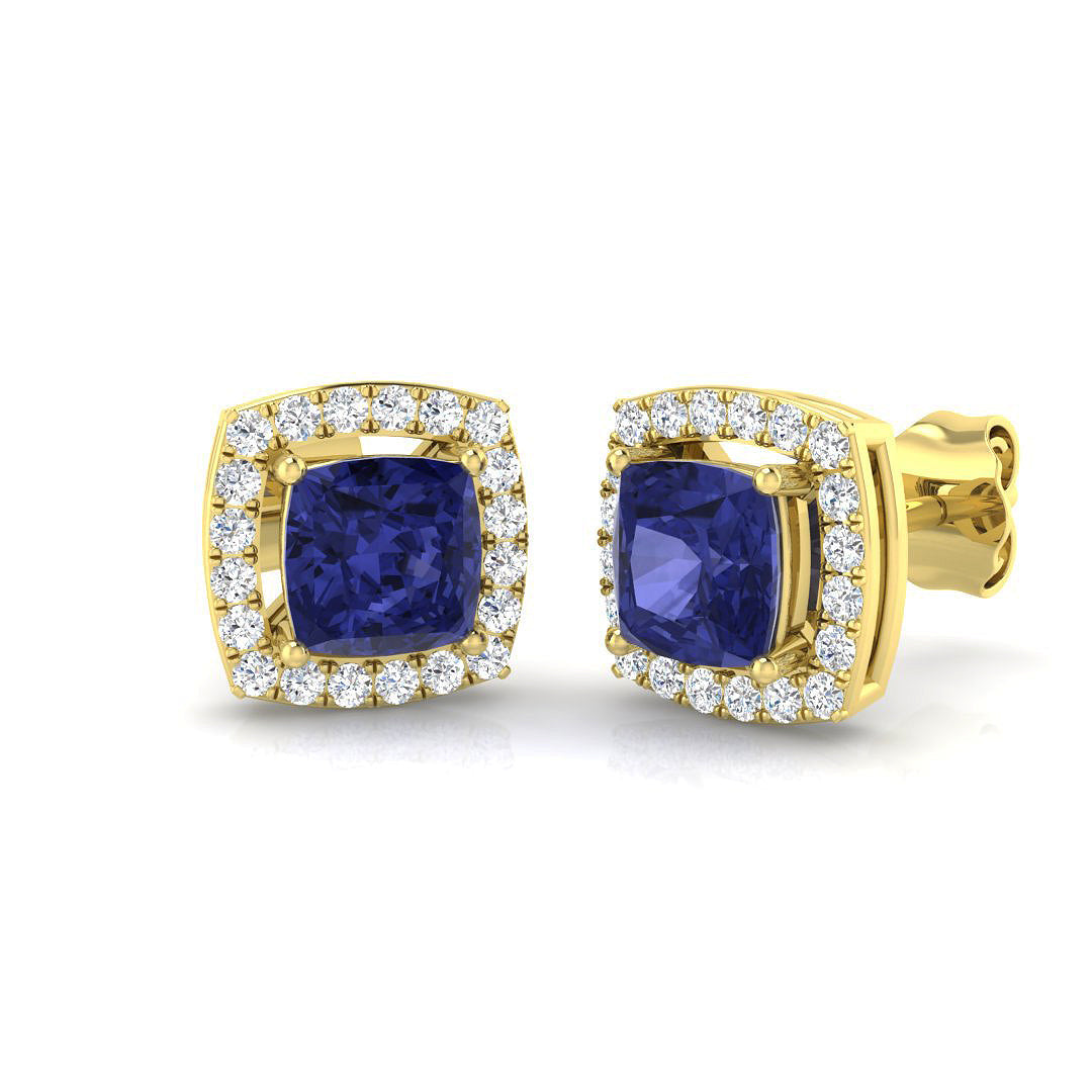 Cushion Tanzanite Halo Stud Earrings - Elegant Luxury Jewelry in 10K/14K gold and platinum with certified lab-grown or natural diamonds