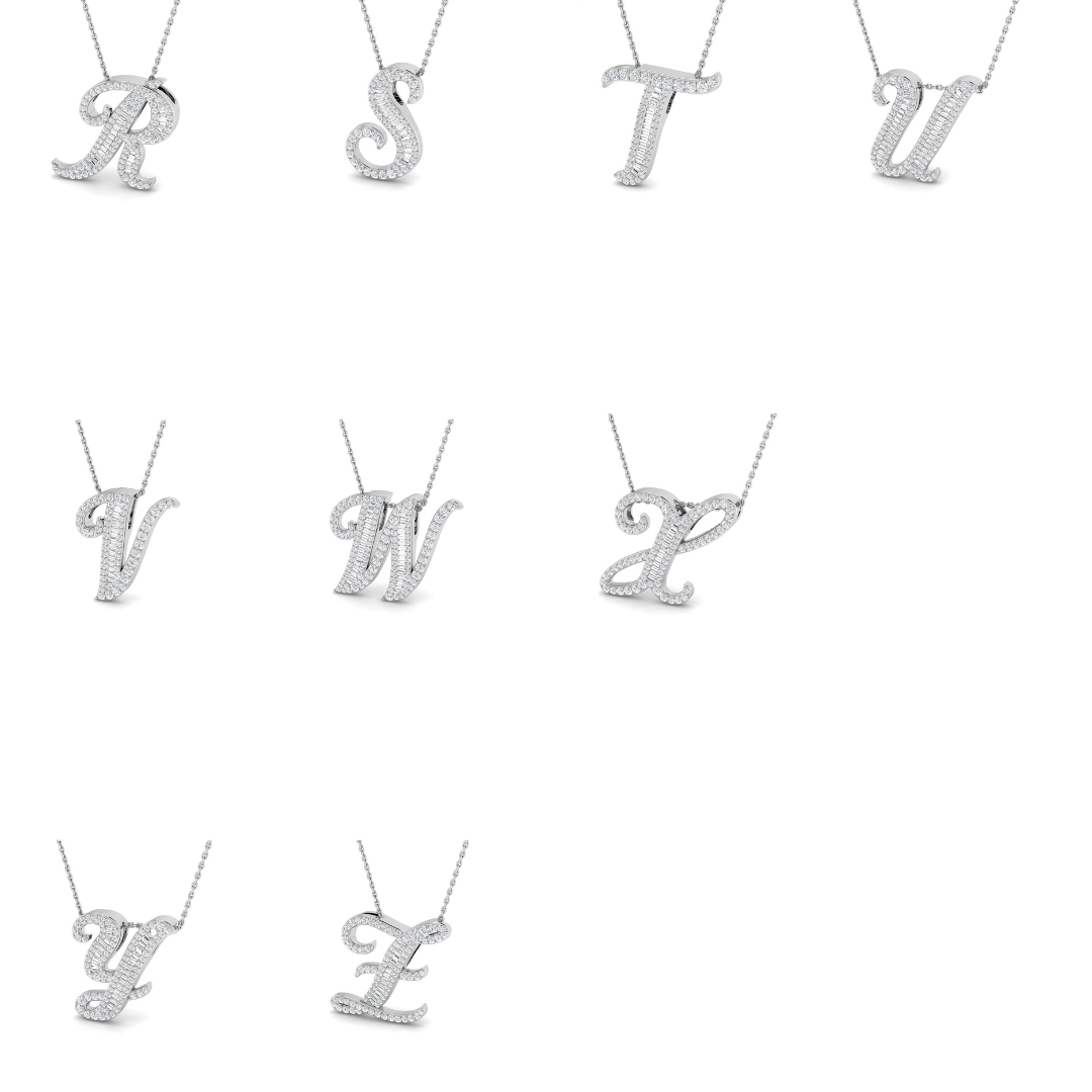 Paved Initial Diamond Pendant Necklace with Baguette & Round Diamonds in 10K/14K gold and platinum with certified lab-grown or natural diamonds