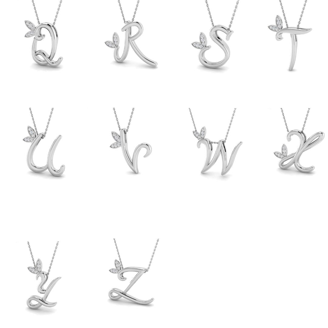 Initial Diamond Pendant Necklace with Leaf Design in 10K/14K gold and platinum with certified lab-grown or natural diamonds