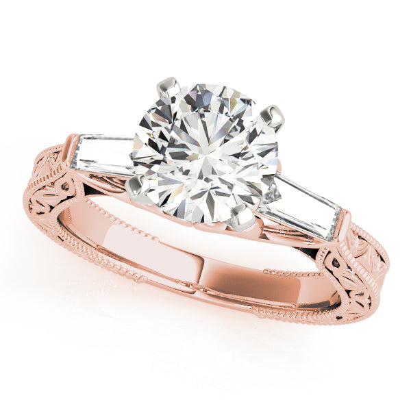 Exquisite Three-Stone Baguette Round Diamond Engagement Ring in 10K/14K gold and platinum with certified lab-grown or natural diamonds
