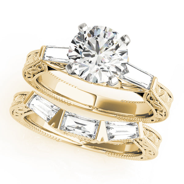 Exquisite Three-Stone Baguette Round Diamond Engagement Ring in 10K/14K gold and platinum with certified lab-grown or natural diamonds