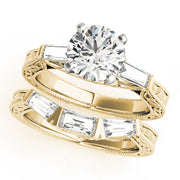 Exquisite Three-Stone Baguette Round Diamond Engagement Ring in 10K/14K gold and platinum with certified lab-grown or natural diamonds