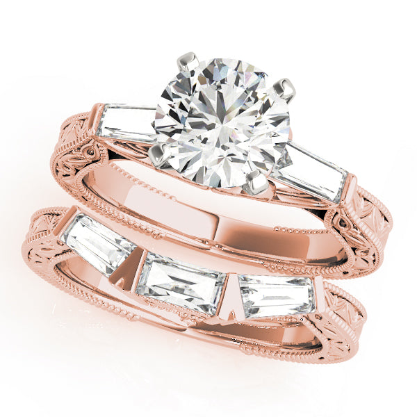 Exquisite Three-Stone Baguette Round Diamond Engagement Ring in 10K/14K gold and platinum with certified lab-grown or natural diamonds