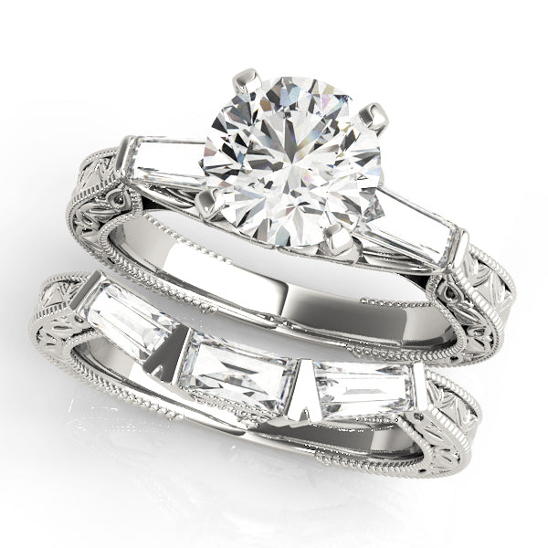 Exquisite Three-Stone Baguette Round Diamond Engagement Ring in 10K/14K gold and platinum with certified lab-grown or natural diamonds