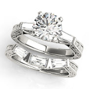 Exquisite Three-Stone Baguette Round Diamond Engagement Ring in 10K/14K gold and platinum with certified lab-grown or natural diamonds