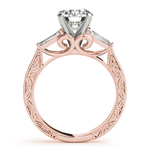 Exquisite Three-Stone Baguette Round Diamond Engagement Ring in 10K/14K gold and platinum with certified lab-grown or natural diamonds
