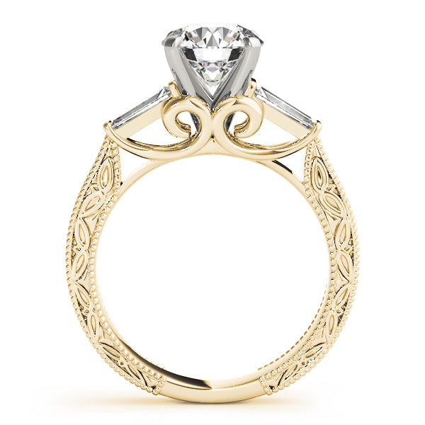Exquisite Three-Stone Baguette Round Diamond Engagement Ring in 10K/14K gold and platinum with certified lab-grown or natural diamonds