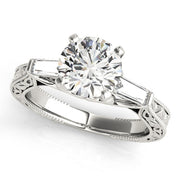 Exquisite Three-Stone Baguette Round Diamond Engagement Ring in 10K/14K gold and platinum with certified lab-grown or natural diamonds