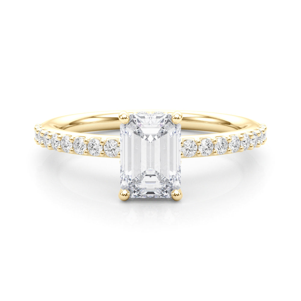 Elegant Hidden Halo Ec Single Row Shared Pr Emerald Diamond Engagement Ring in 10K/14K gold and platinum with certified lab-grown or natural diamonds