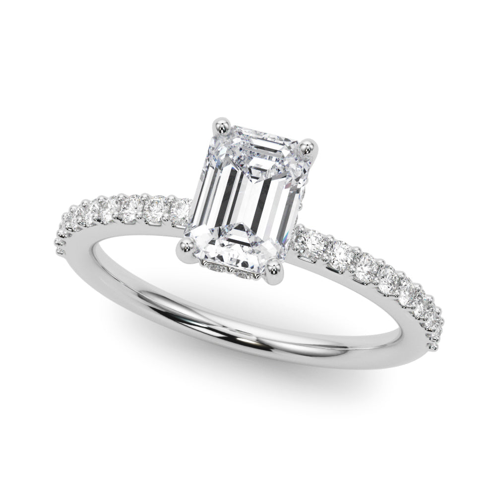 Elegant Hidden Halo Ec Single Row Shared Pr Emerald Diamond Engagement Ring in 10K/14K gold and platinum with certified lab-grown or natural diamonds