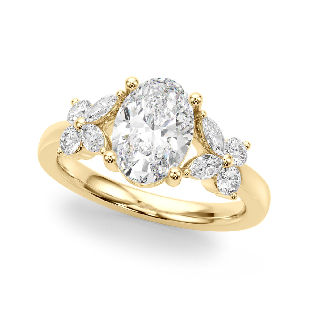 Romantic Oval Center Mq & Rd Sides Oval Diamond Engagement Ring in 10K/14K gold and platinum with certified lab-grown or natural diamonds