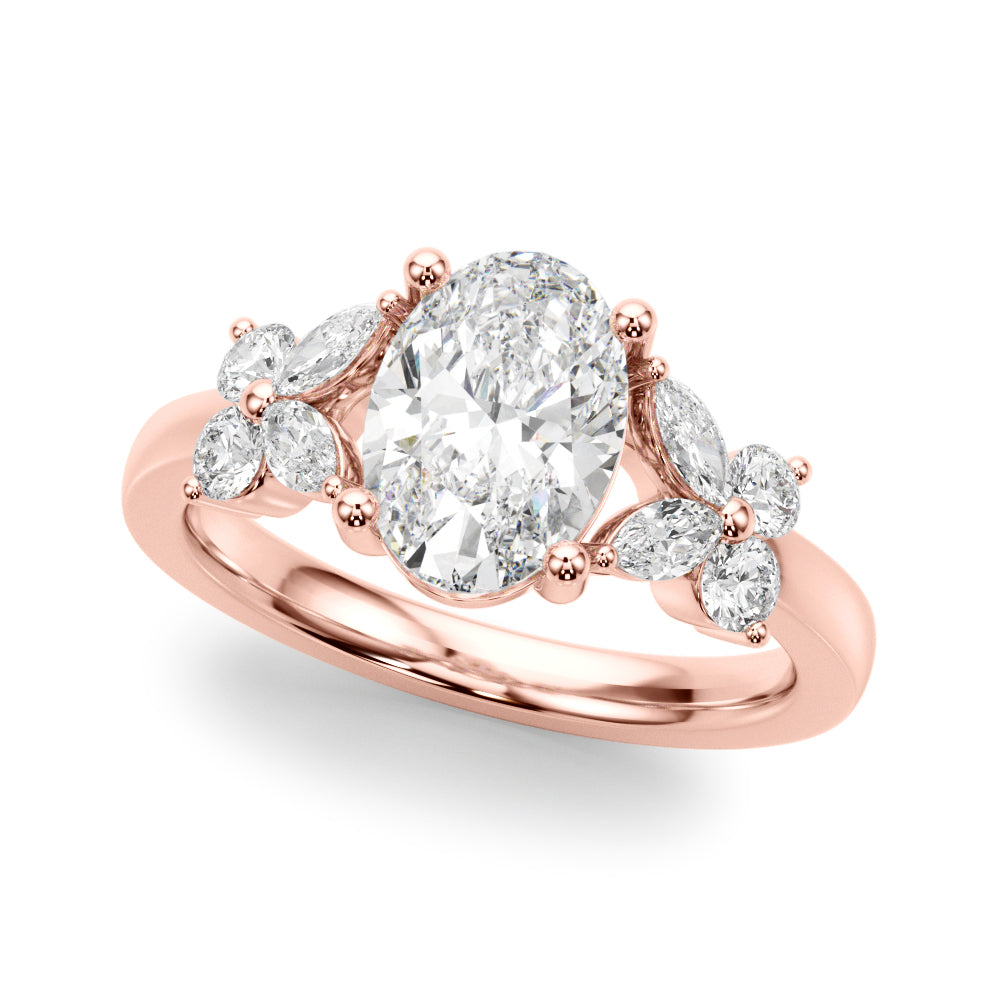 Romantic Ov Center Mq & Rd Sides Oval Diamond Engagement Ring â€” 10K/14K Gold & Platinum