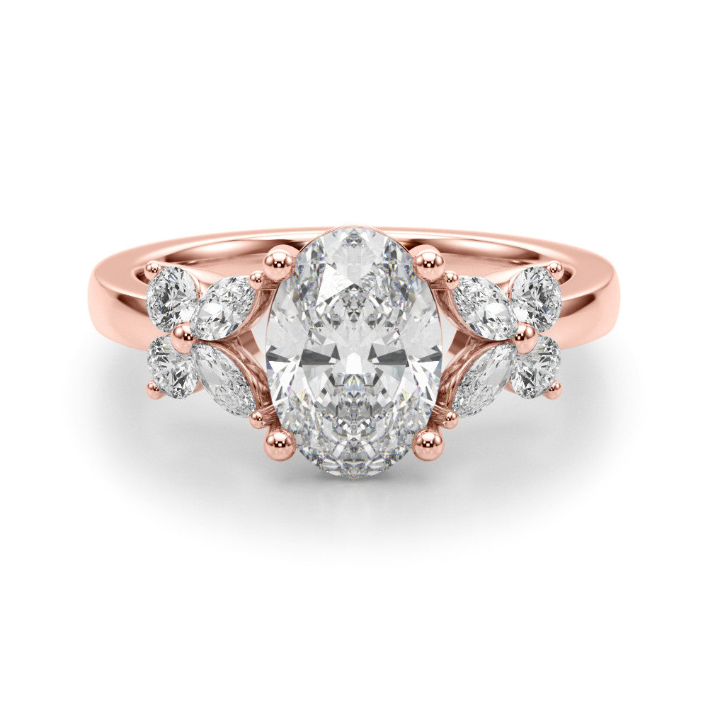 Romantic Ov Center Mq & Rd Sides Oval Diamond Engagement Ring â€” 10K/14K Gold & Platinum