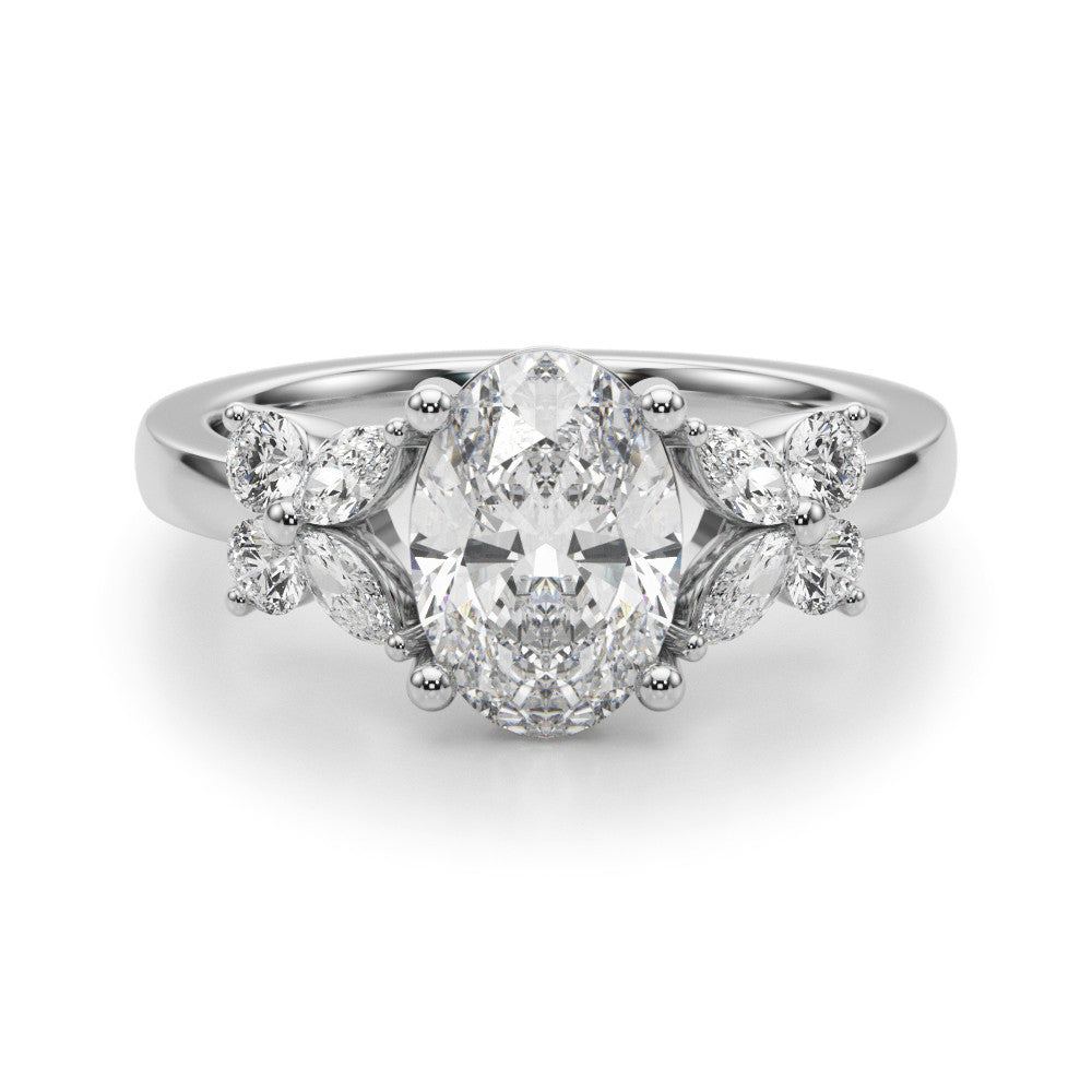 Romantic Ov Center Mq & Rd Sides Oval Diamond Engagement Ring â€” 10K/14K Gold & Platinum