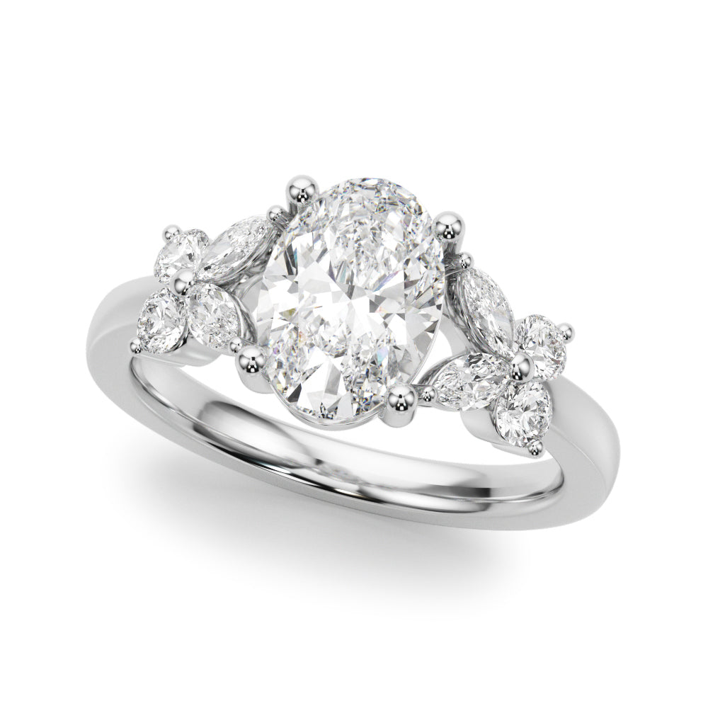 Romantic Ov Center Mq & Rd Sides Oval Diamond Engagement Ring â€” 10K/14K Gold & Platinum