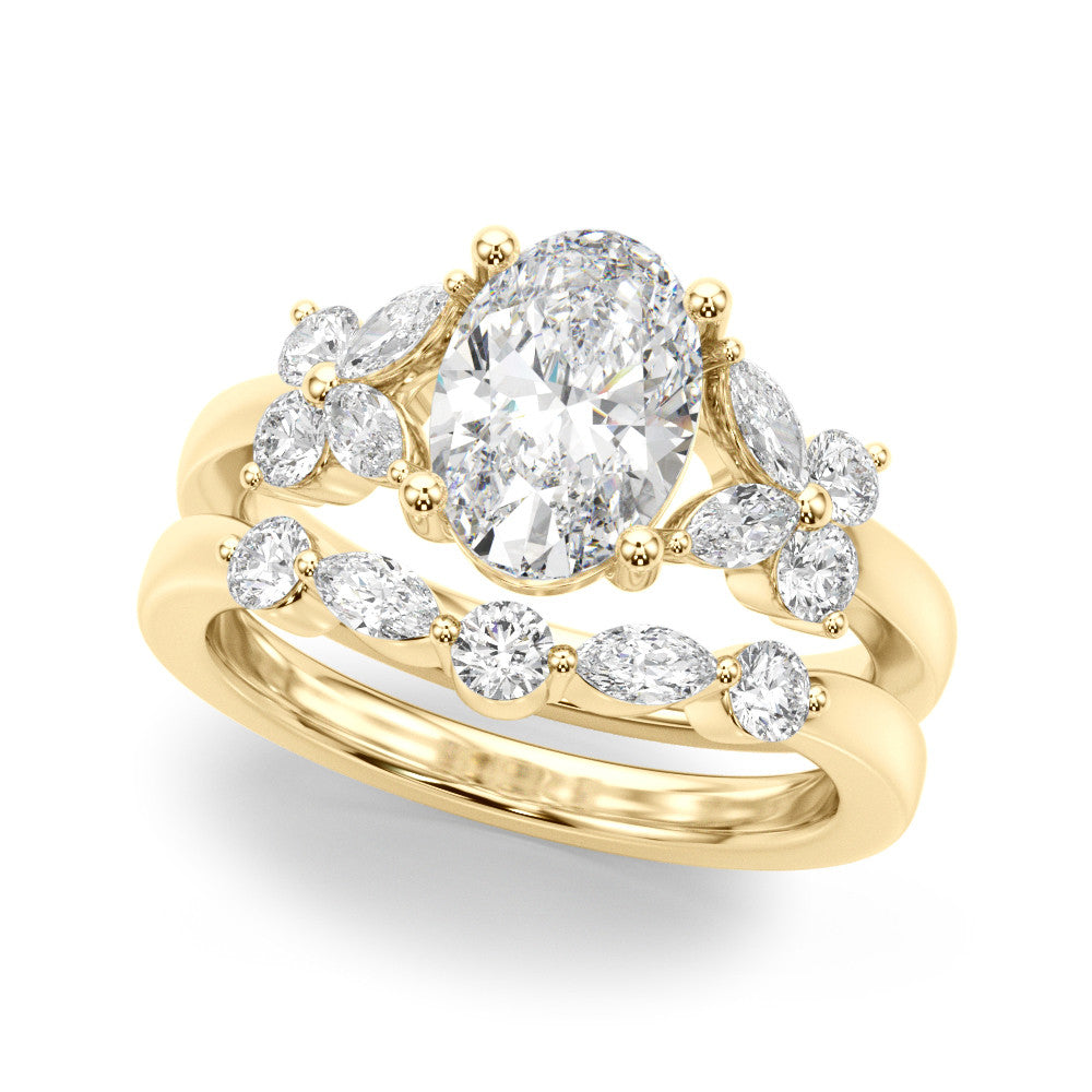 Romantic Ov Center Mq & Rd Sides Oval Diamond Engagement Ring â€” 10K/14K Gold & Platinum