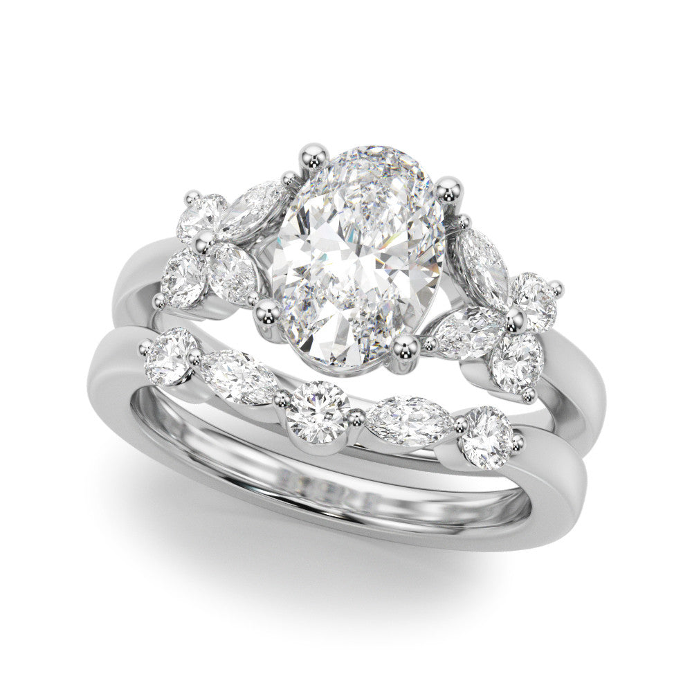 Romantic Ov Center Mq & Rd Sides Oval Diamond Engagement Ring â€” 10K/14K Gold & Platinum