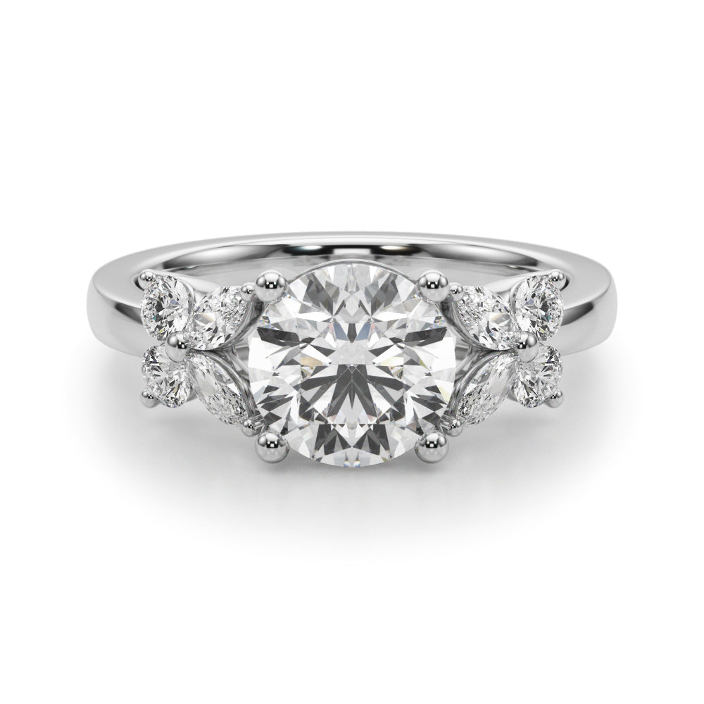Graceful Rd Center Mq & Rd Sides Round Diamond Engagement Ring in 10K/14K gold and platinum with certified lab-grown or natural diamonds