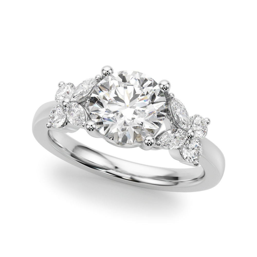 Graceful Rd Center Mq & Rd Sides Round Diamond Engagement Ring in 10K/14K gold and platinum with certified lab-grown or natural diamonds