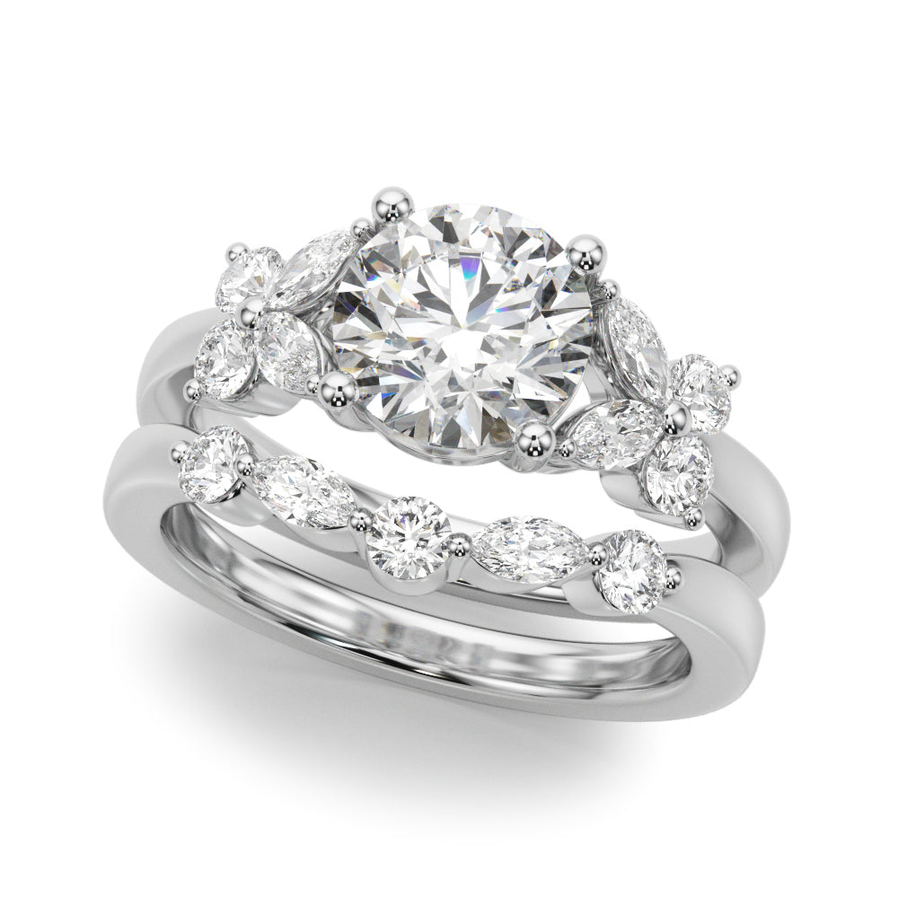 Graceful Rd Center Mq & Rd Sides Round Diamond Engagement Ring in 10K/14K gold and platinum with certified lab-grown or natural diamonds