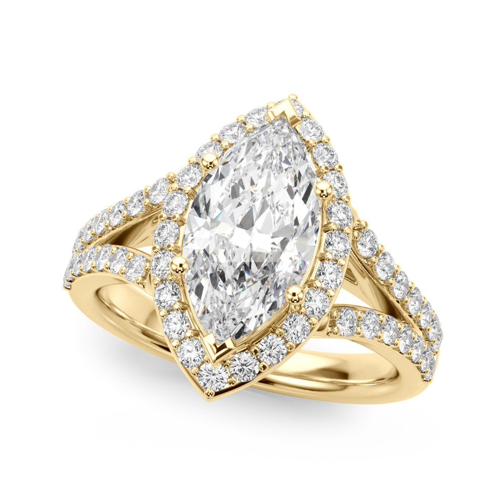 Dazzling Halo Mq Center Split Shank Marquise Diamond Engagement Ring in 10K/14K gold and platinum with certified lab-grown or natural diamonds