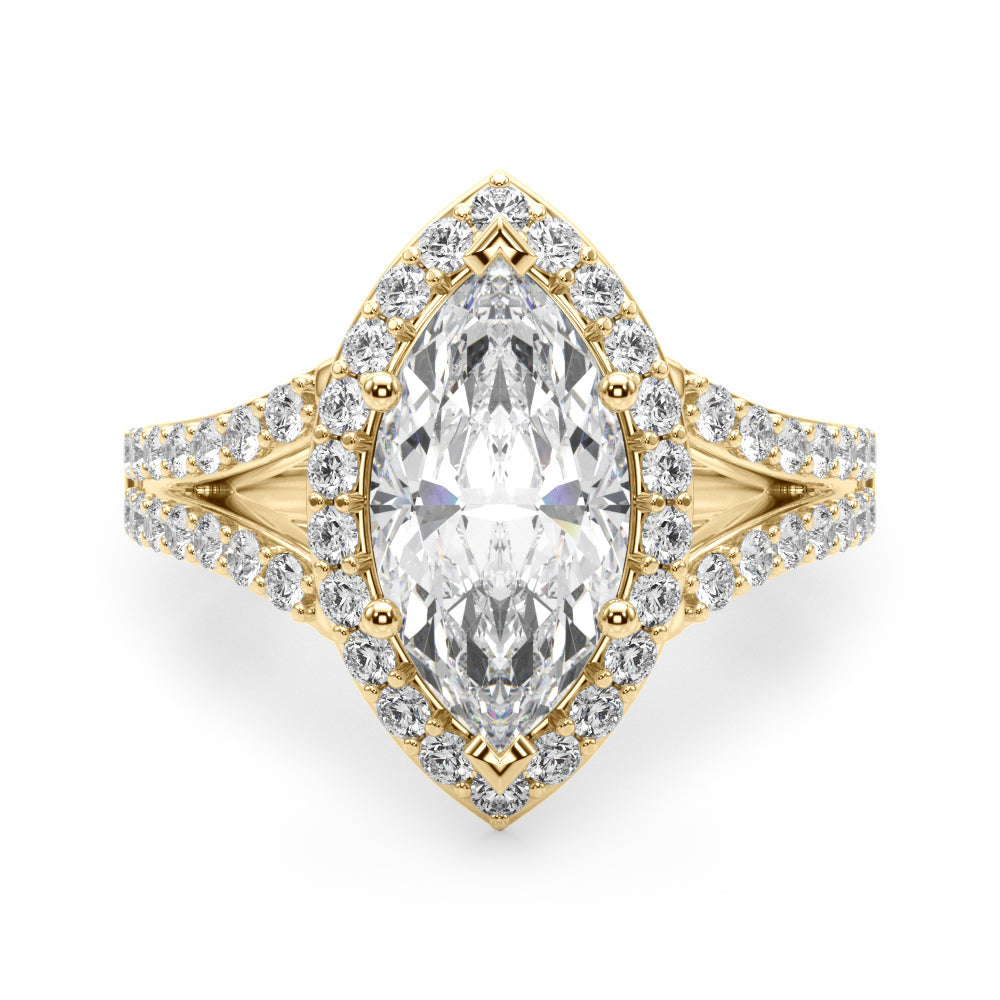 Dazzling Halo Mq Center Split Shank Marquise Diamond Engagement Ring in 10K/14K gold and platinum with certified lab-grown or natural diamonds