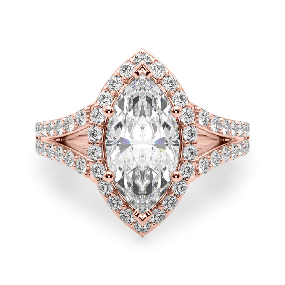 Dazzling Halo Mq Center Split Shank Marquise Diamond Engagement Ring in 10K/14K gold and platinum with certified lab-grown or natural diamonds