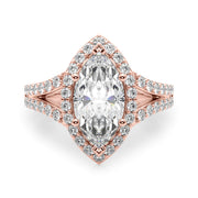 Dazzling Halo Mq Center Split Shank Marquise Diamond Engagement Ring in 10K/14K gold and platinum with certified lab-grown or natural diamonds