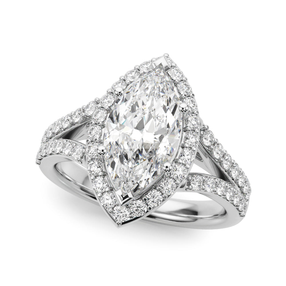 Dazzling Halo Mq Center Split Shank Marquise Diamond Engagement Ring in 10K/14K gold and platinum with certified lab-grown or natural diamonds