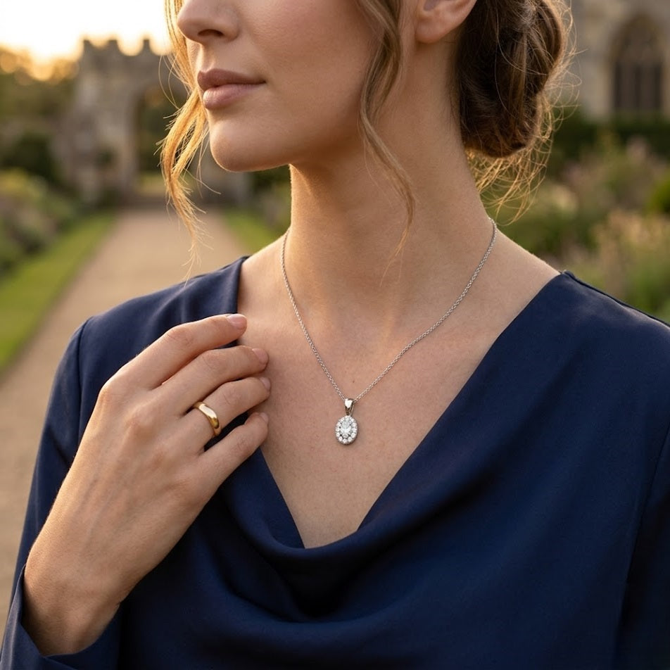 Oval Diamond Halo Pendant Necklace in 0.1ct to 0.5ct in 10K/14K gold and platinum with certified lab-grown or natural diamonds