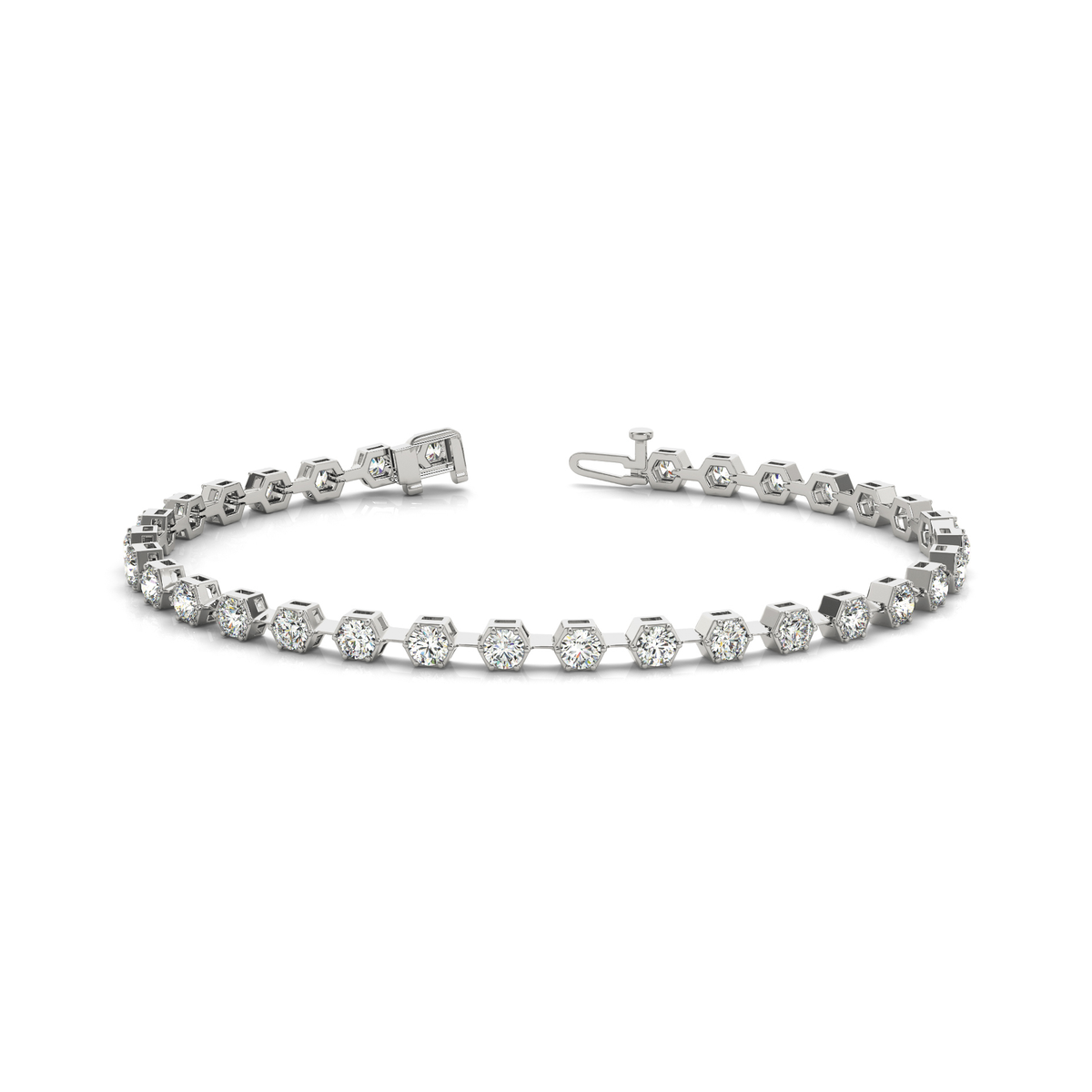 Hexagon Prong Set Lab Grown Diamond Tennis Bracelet in Gold or Platinum UK Made in 10K/14K gold and platinum with certified lab-grown or natural diamonds