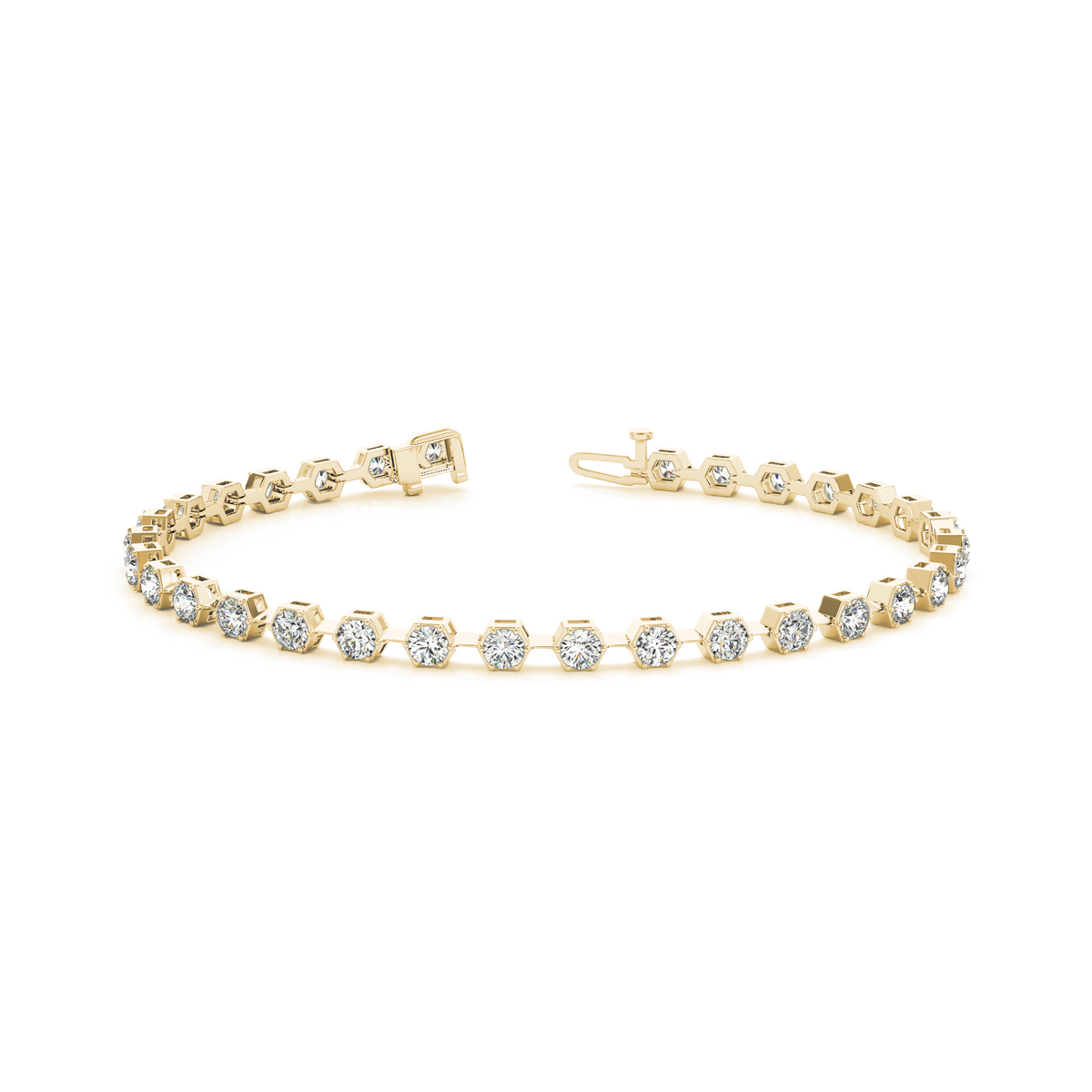Hexagon Prong Set Lab Grown Diamond Tennis Bracelet in Gold or Platinum UK Made in 10K/14K gold and platinum with certified lab-grown or natural diamonds