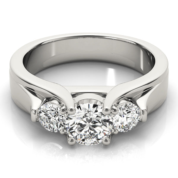 Pristine Three-Stone Round Diamond Engagement Ring in 10K/14K gold and platinum with certified lab-grown or natural diamonds