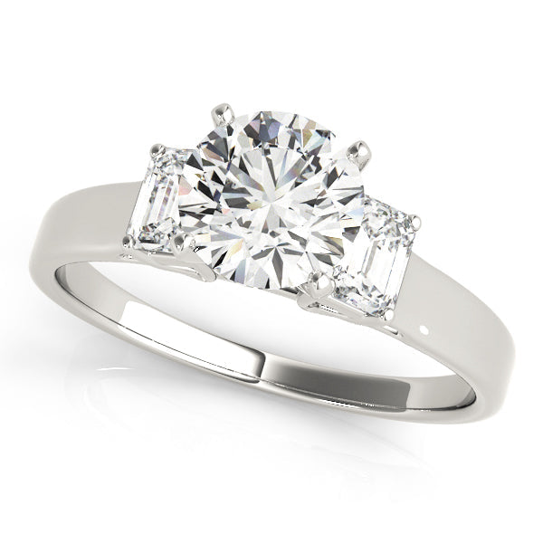 Round Diamond Ring with Emerald Side Stones in 10K/14K gold and platinum with certified lab-grown or natural diamonds