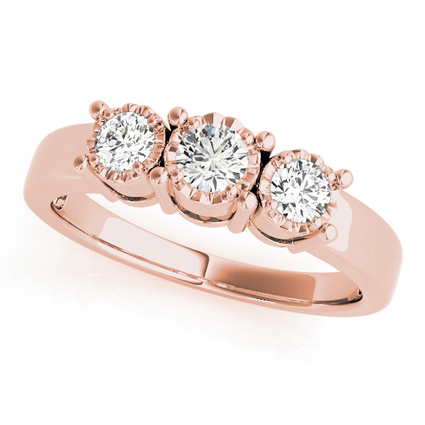 Radiant Three-Stone Round Diamond Engagement Ring in 10K/14K gold and platinum with certified lab-grown or natural diamonds