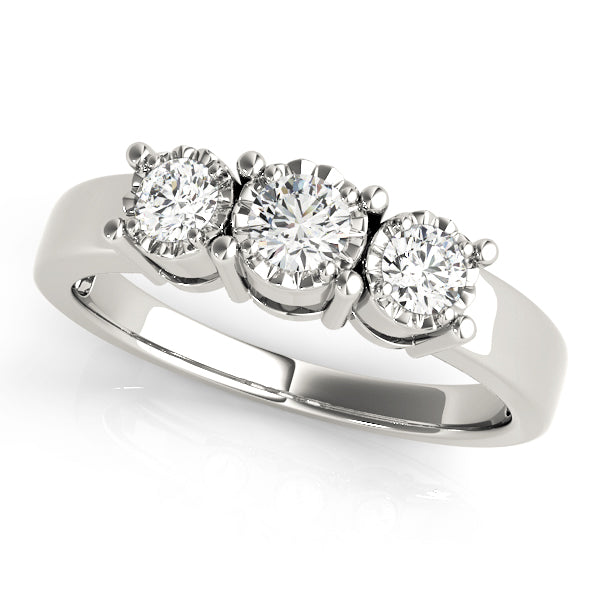 Radiant Three-Stone Round Diamond Engagement Ring in 10K/14K gold and platinum with certified lab-grown or natural diamonds