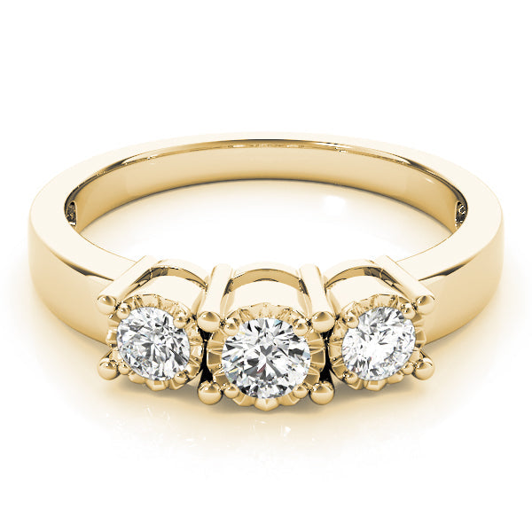 Radiant Three-Stone Round Diamond Engagement Ring in 10K/14K gold and platinum with certified lab-grown or natural diamonds