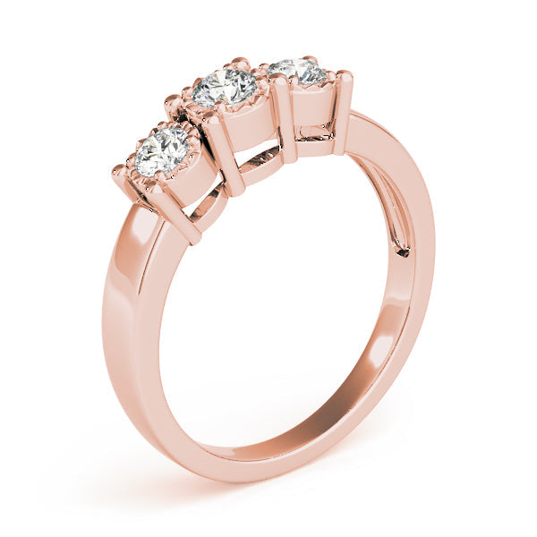 Radiant Three-Stone Round Diamond Engagement Ring in 10K/14K gold and platinum with certified lab-grown or natural diamonds