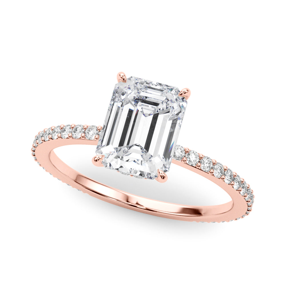 Opulent Hidden Halo Cut Center Single Row Emerald Diamond Engagement Ring in 10K/14K gold and platinum with certified lab-grown or natural diamonds