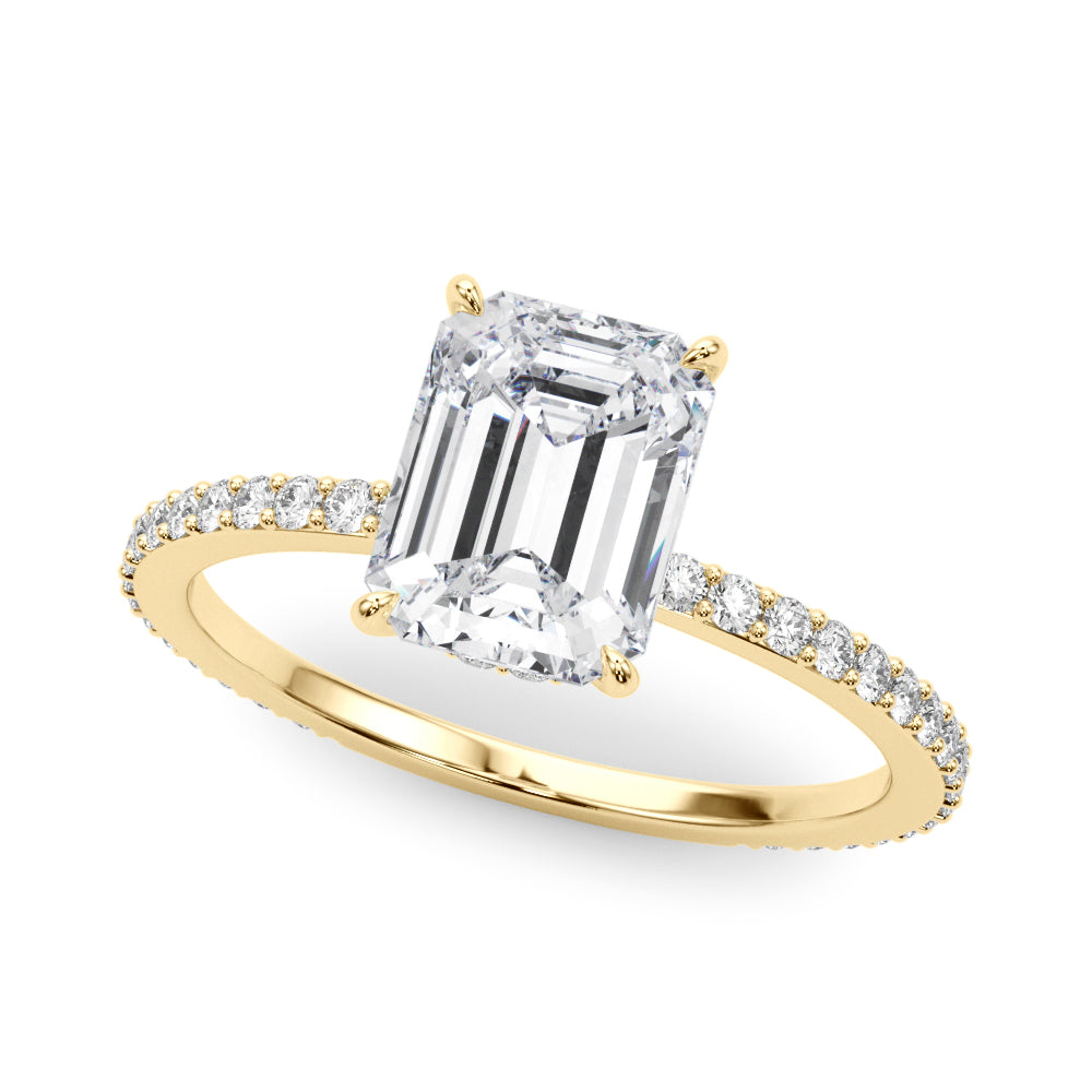 Opulent Hidden Halo Cut Center Single Row Emerald Diamond Engagement Ring in 10K/14K gold and platinum with certified lab-grown or natural diamonds