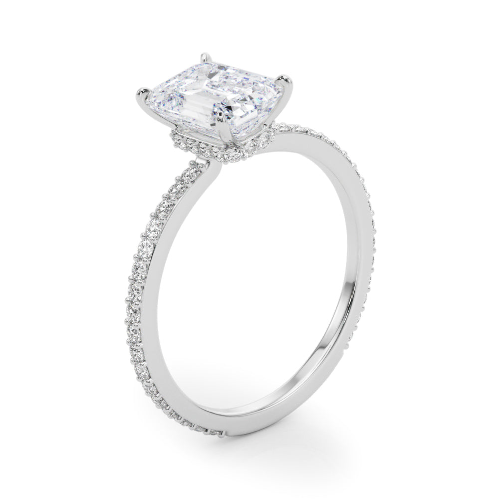 Opulent Hidden Halo Cut Center Single Row Emerald Diamond Engagement Ring in 10K/14K gold and platinum with certified lab-grown or natural diamonds